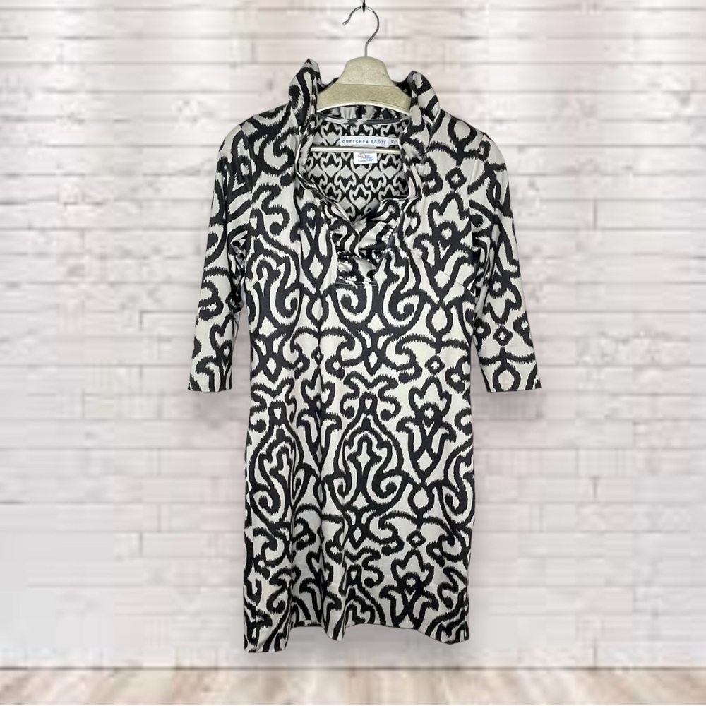 Gretchen Scott Gray & Black Ruffneck 3/4 Sleeve Dress Size XS